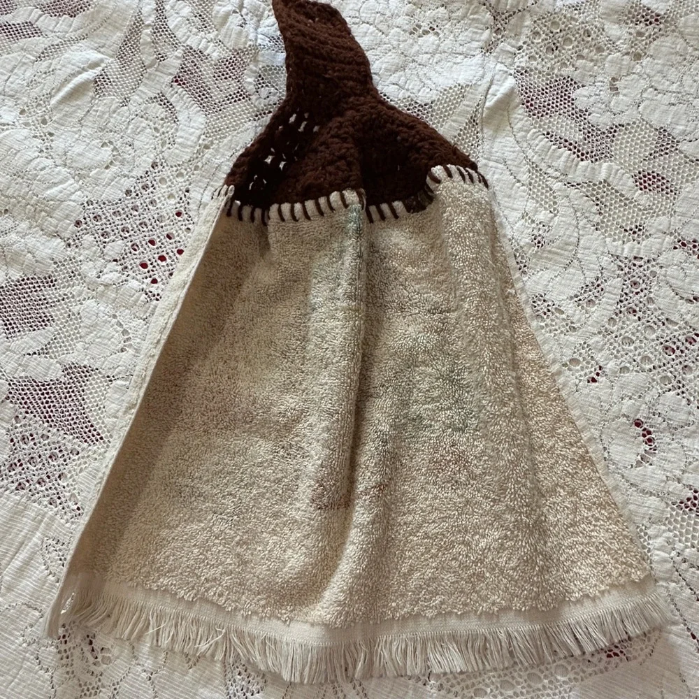 Vintage Mushroom Hanging‎ Kitchen Towel Crochet Top Brown Fringe Cottagecore